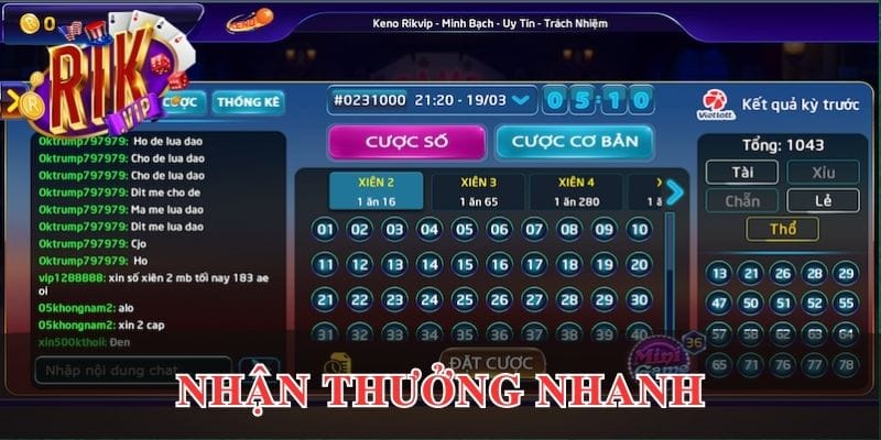 Nhận thưởng nhanh chóng khi chơi Keno tại RikVip