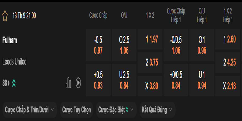 Fulham vs Leeds United - bảng tỷ lệ kèo
