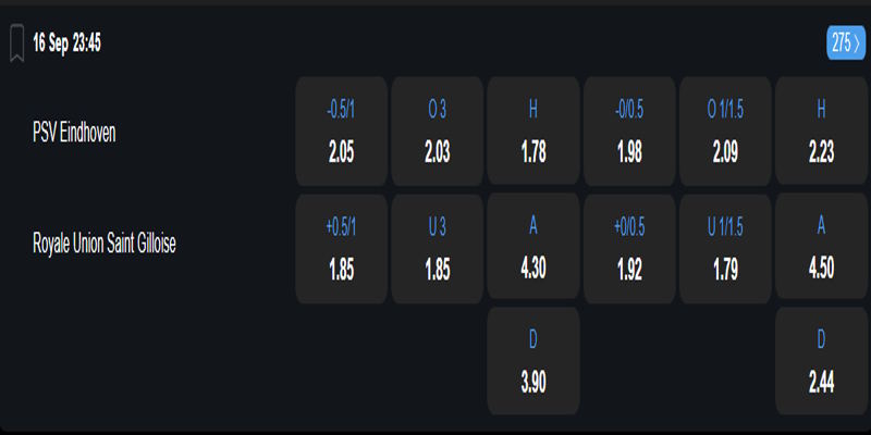 PSV vs Union SG - bảng tỷ lệ kèo